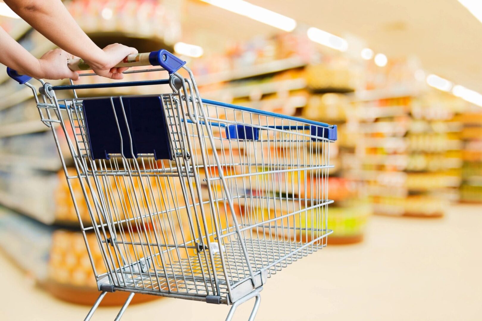 A person pushing a shopping cart in the aisle of a store.